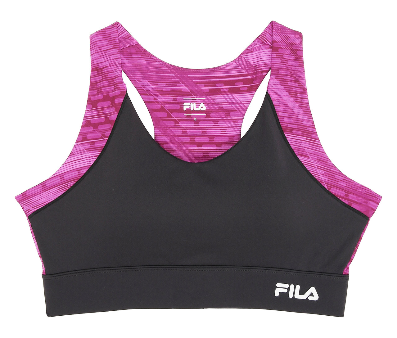 Der FILA Damen-Sport-BH ist schwarz mit pink gemusterten Trägern und einem FILA-Logo auf dem Unterbrustband.