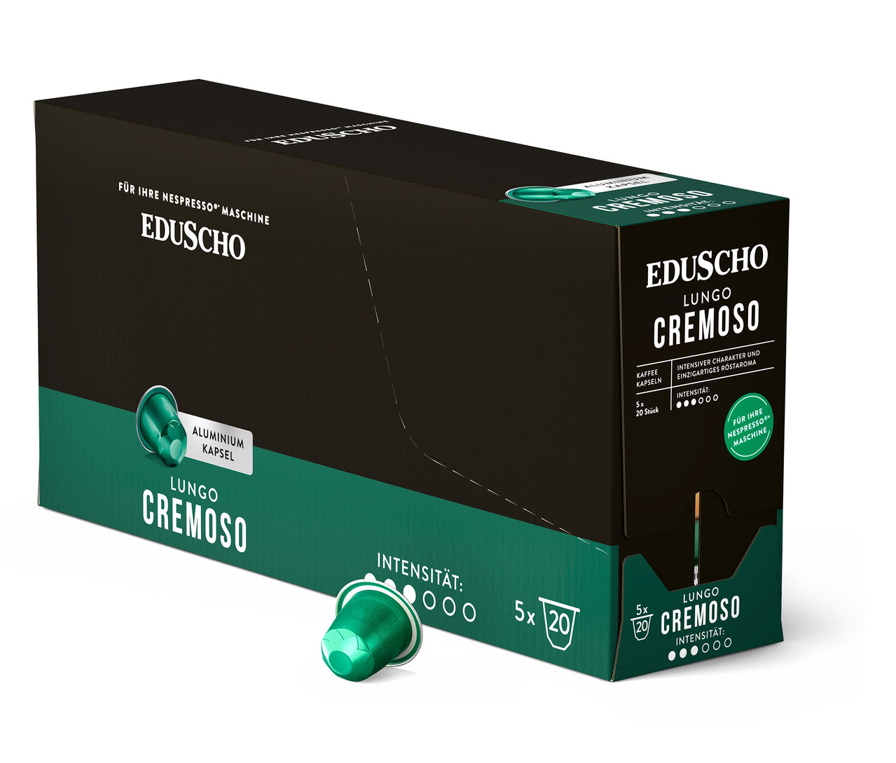 Eine Packung EDUSCHO Lungo Cremoso Kaffeekapseln mit einer einzelnen grünen Kapsel davor.