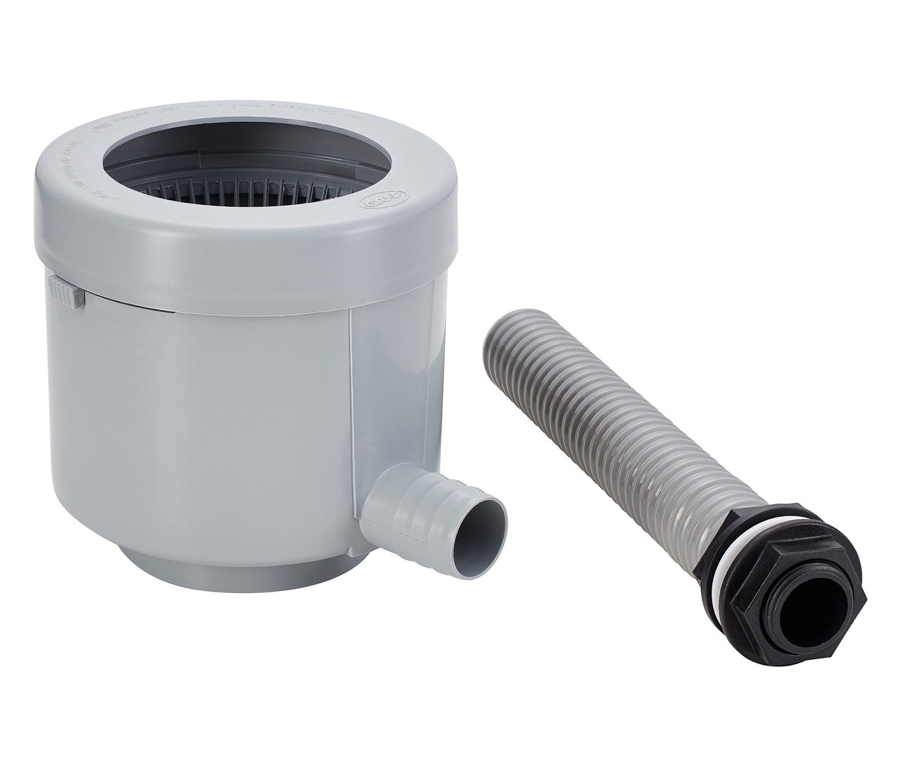 Ein grauer Oberflächenabsauger mit einem grauen, flexiblen Schlauch liegt daneben.