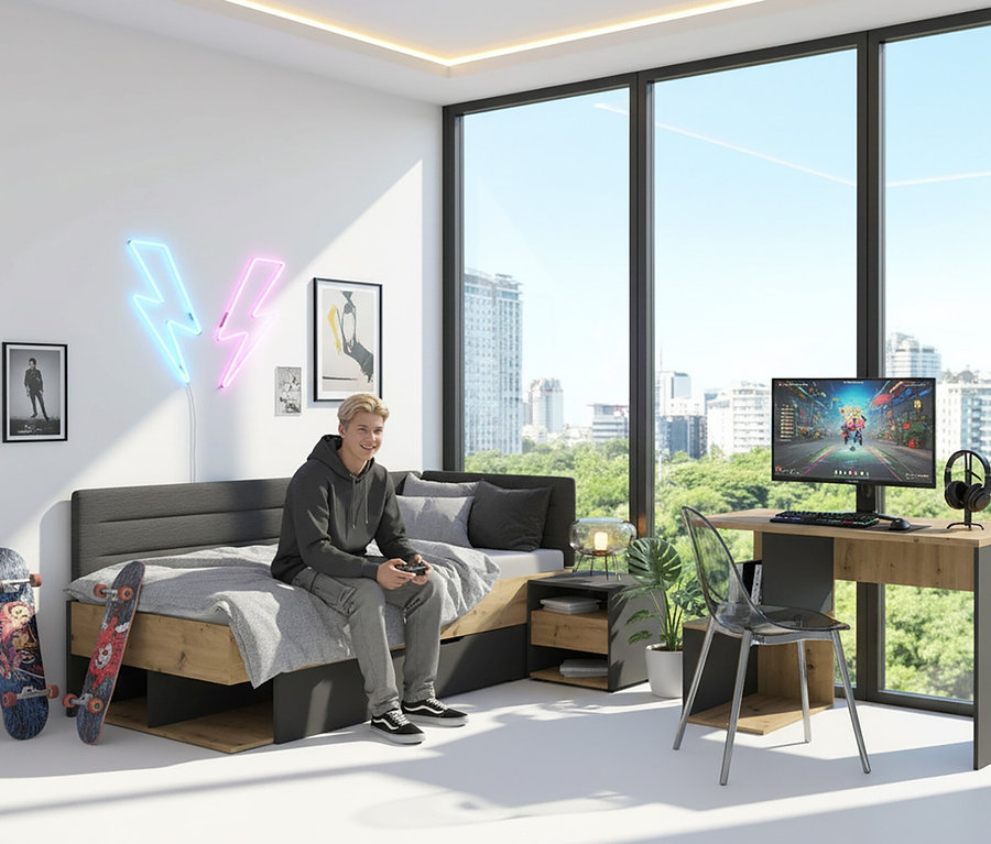 Ein Mann sitzt auf einem Bett neben einem Roba Nachttisch »Marvin« und spielt ein Videospiel.