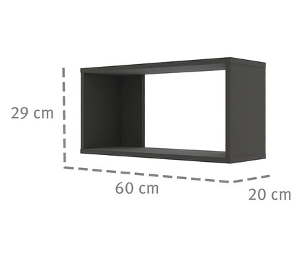 Das Roba Wandregal »Marvin«, 60 cm ist ein graues, quaderförmiges Regal mit einer Höhe von 29 cm, einer Breite von 60 cm und einer Tiefe von 20 cm.