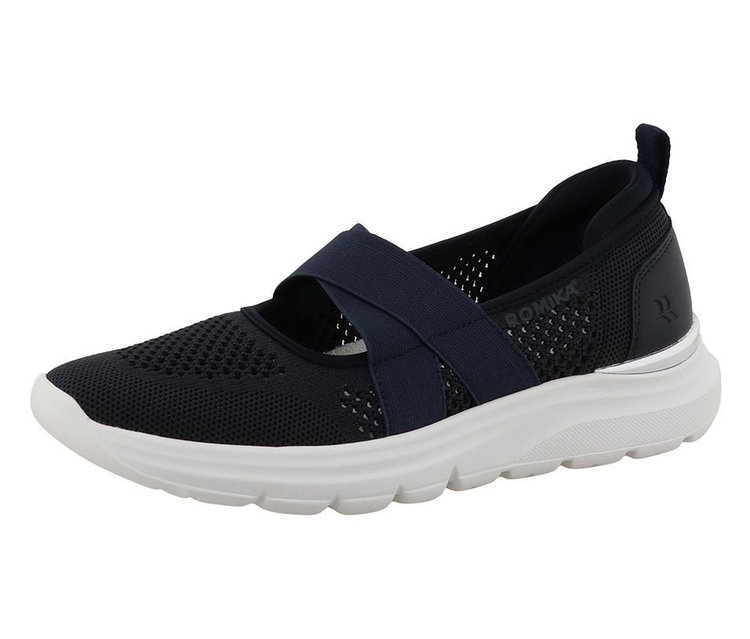 Schwarzer Romika Slipper mit blauen elastischen Riemen und weißer Sohle.