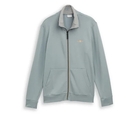Hellgrüne Tom Tailor Sweatjacke mit Stehkragen und Reißverschluss vorne. Sie hat zwei Taschen und ein kleines Logo.