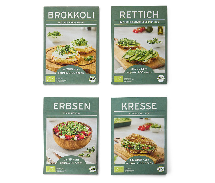 Abbildung von vier Samentüten mit Fotos von Brokkoli, Rettich, Erbsen und Kresse.