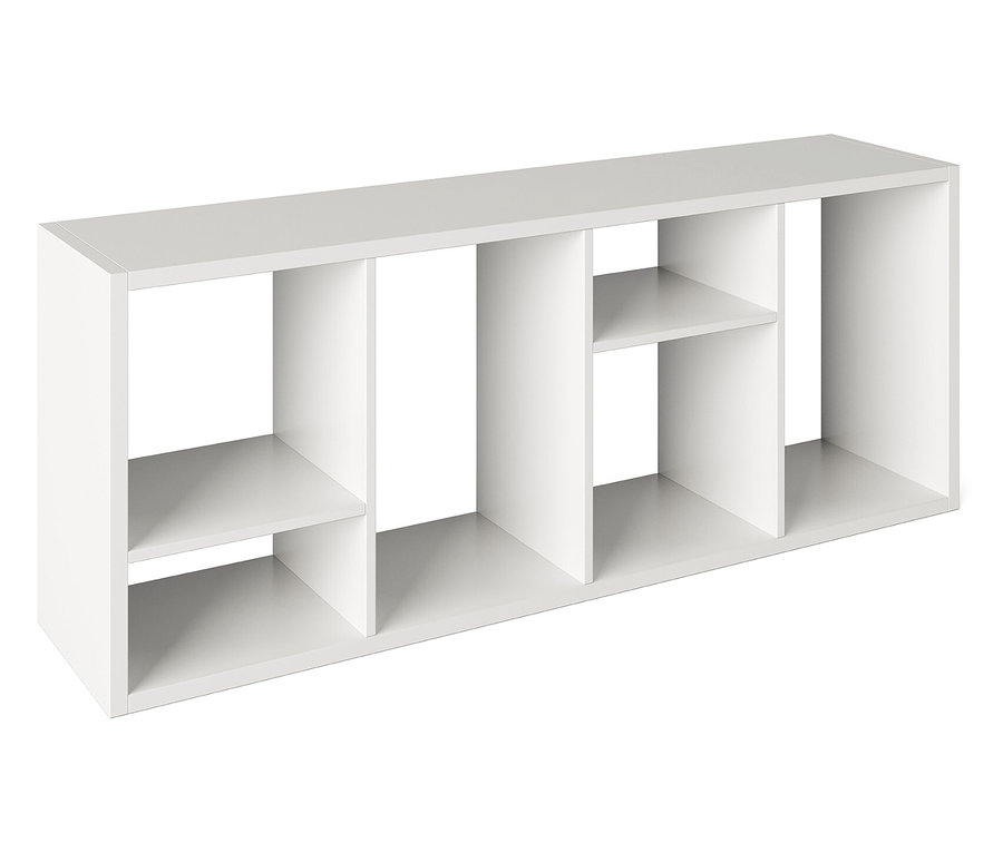 Weißes Regal mit sechs Fächern unterschiedlicher Größe.