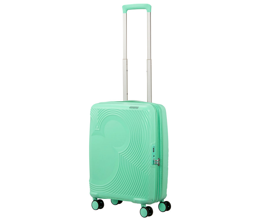 American Tourister Mickey Magic Trolley, mintfarben, mit ausziehbarem Griff und Rollen.