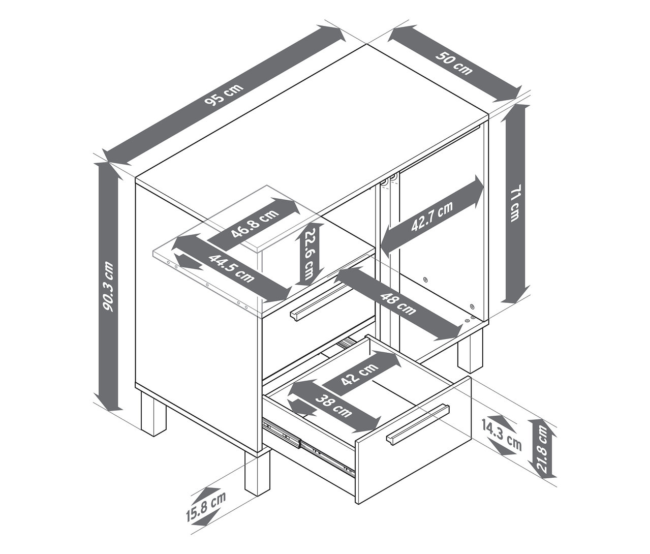 Abbildung einer Kinderkommode »Leira« mit Schubladen und Kleiderstange, inklusive Maßangaben.