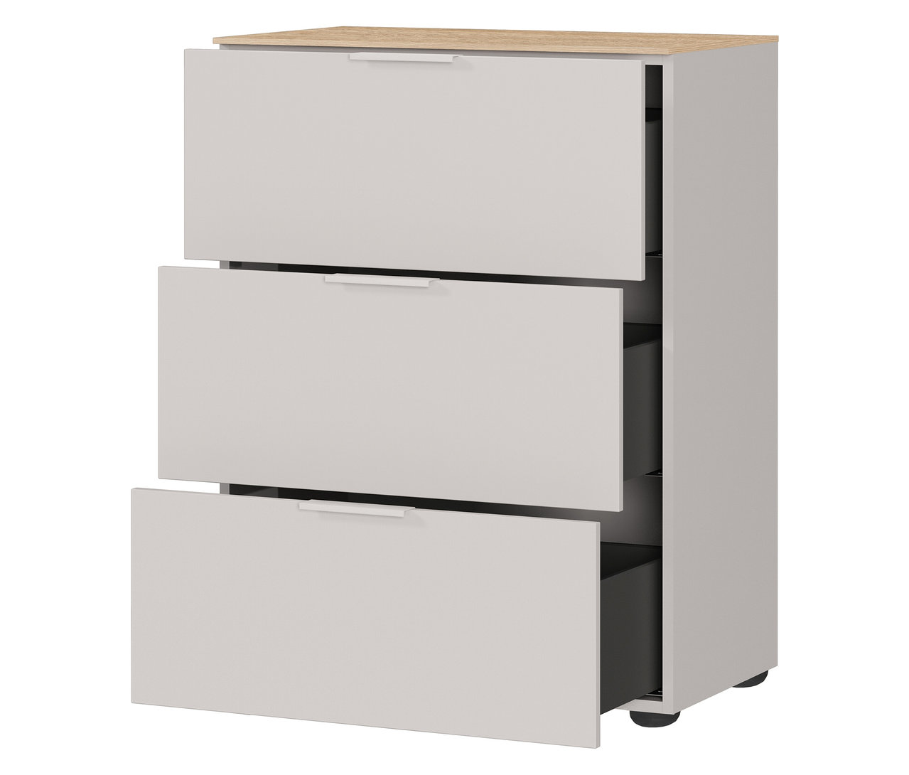 Kleine, kaschmirfarbene Kommode »Savoca« mit Eichenplatte, bei der die oberste und unterste Schublade geöffnet sind.