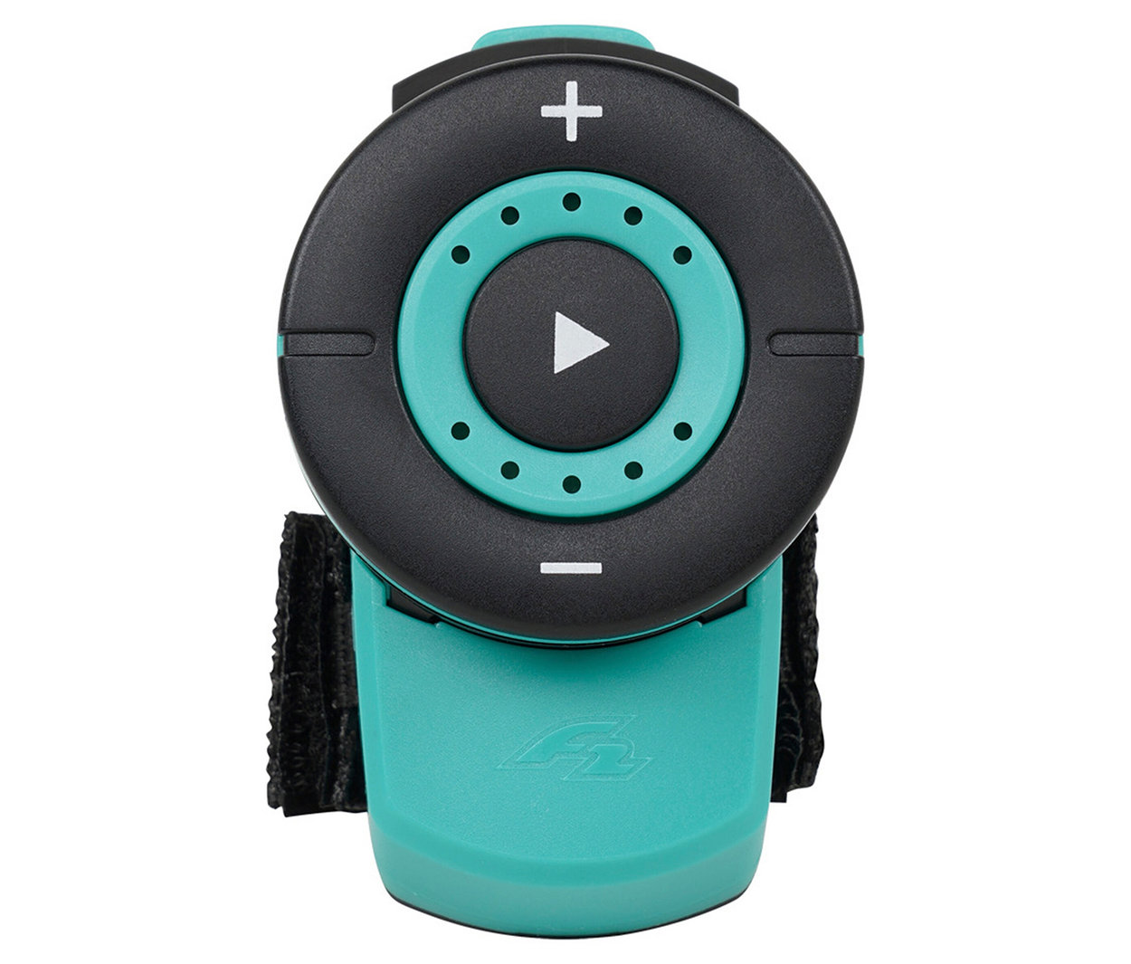 Nahaufnahme der F2 SUP Board Motor »Electric Fin« Fernbedienung mit schwarzem Bedienfeld und türkisfarbenem Gehäuse.