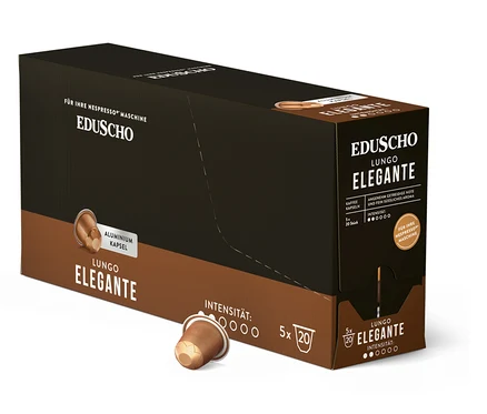 Eine braune Eduscho Lungo Elegante Kaffeekapselpackung mit einer einzelnen Kapsel im Vordergrund.