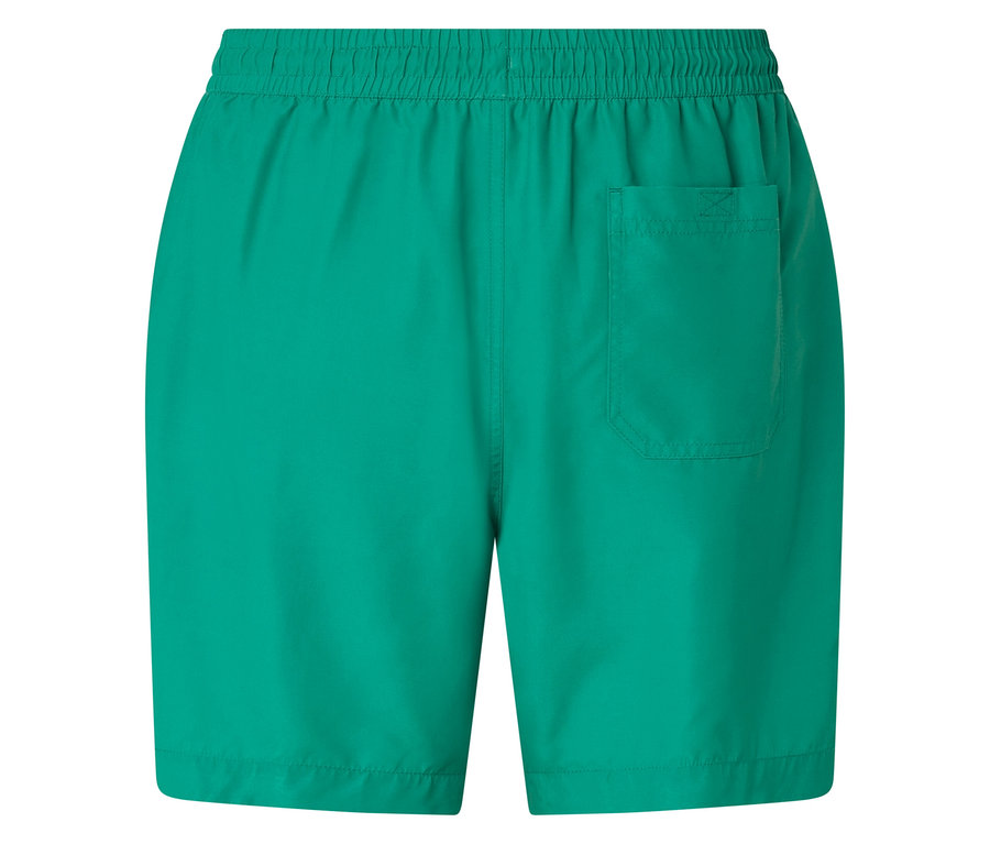 Grüne Badeshorts mit elastischem Bund und Gesäßtasche.