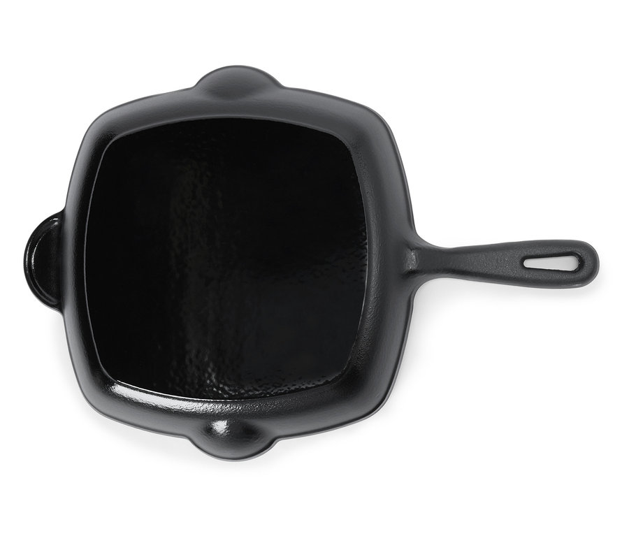 Draufsicht auf eine quadratische, schwarze Grillpfanne mit Griff und zwei Ausgießern.