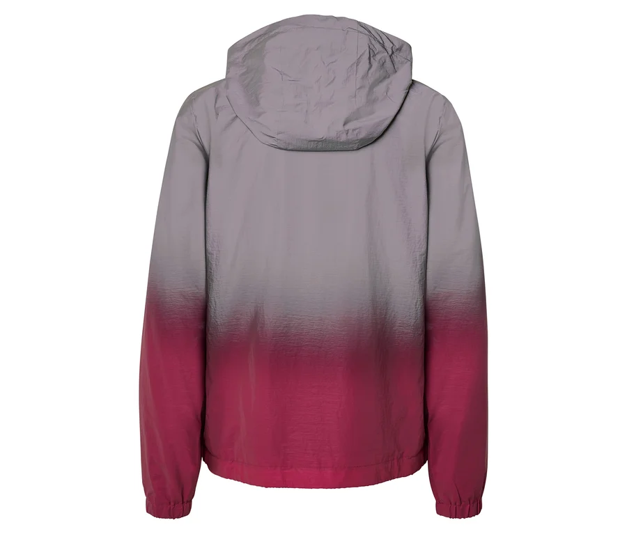 Rückansicht einer Kapuzenjacke, die von Grau nach Pink verläuft.
