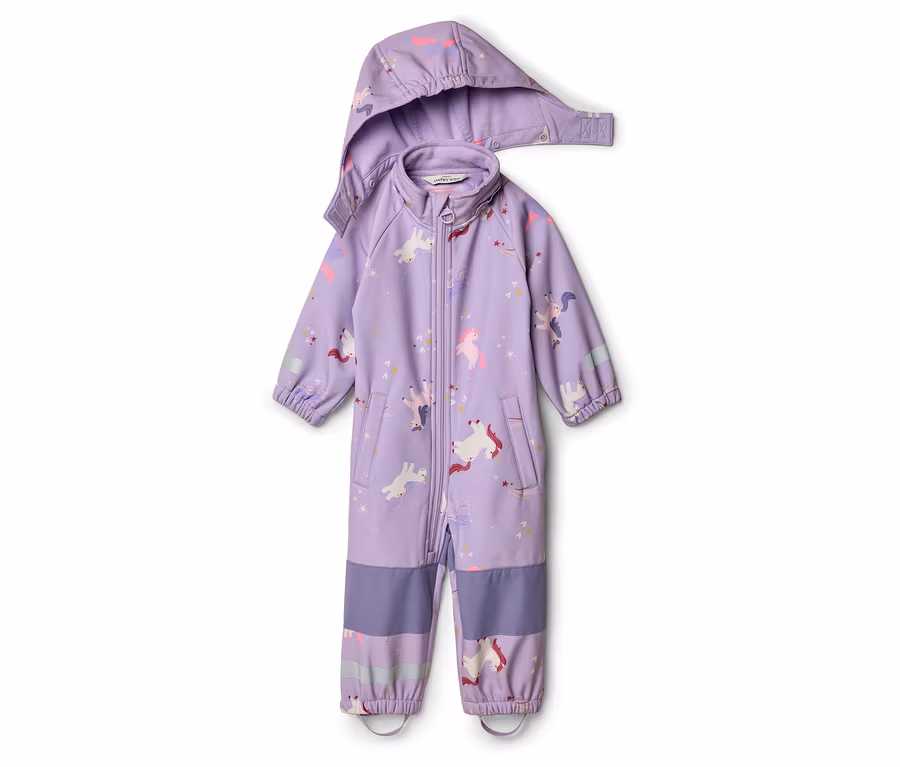 Lila Kinder-Overall mit Kapuze, Reißverschluss und Einhorn-Muster.