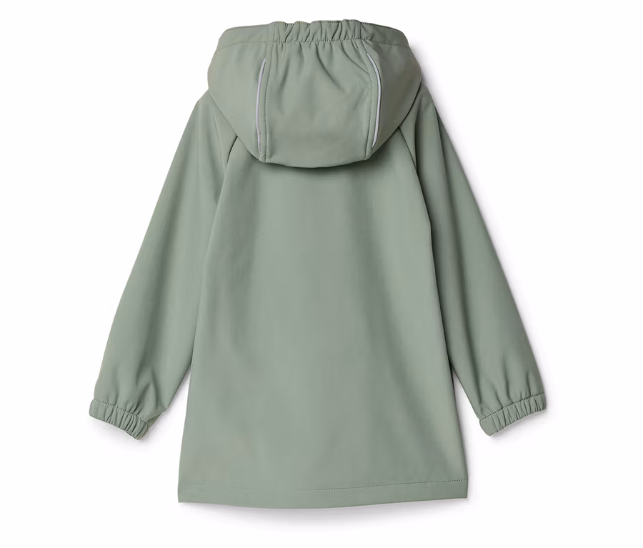 Rückansicht einer hellgrünen Regenjacke mit Kapuze und langen Ärmeln.