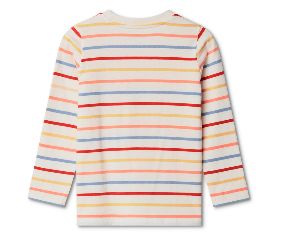 Gestreiftes Langarmshirt in den Farben Rot, Gelb, Blau und Apricot auf weißem Grund.