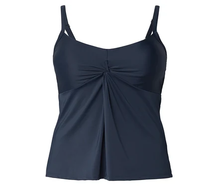 Dunkelblaues Tankini-Top mit Spaghettiträgern und geraffter Vorderseite.