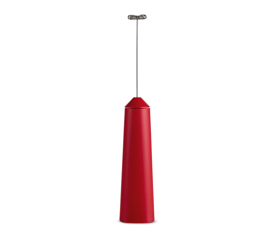 Ein roter, wiederaufladbarer Akku-Milchaufschäumer.
