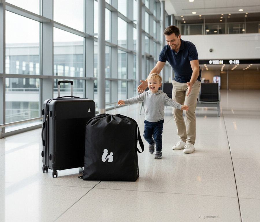 Ein Mann mit offenen Armen lächelt ein kleines Kind an, das in einem Flughafen auf ihn zuläuft. Daneben stehen ein schwarzer Koffer und eine schwarze Transporttasche für einen Hauck Kinder-Buggy «Fly N Care».