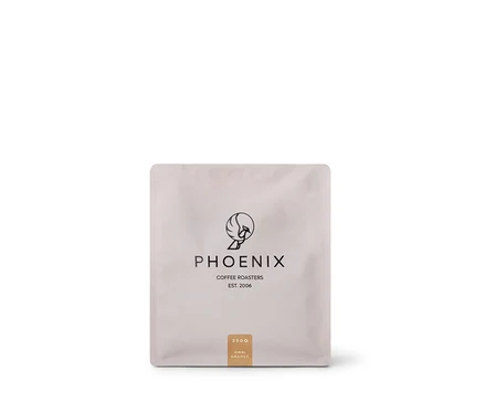 Eine weiße Packung Phoenix - Orange Omni-Roast - 350 g Ganze Bohne.