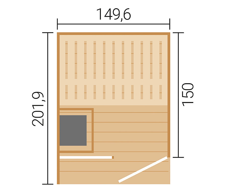 Grundriss einer rechteckigen Sauna mit Holzlattenbänken entlang der oberen Wand (150) und eines Teils der linken Wand. Dunkler Ofen unten links, Türöffnung unten rechts. Gesamtmaße: 201,9 x 149,6.