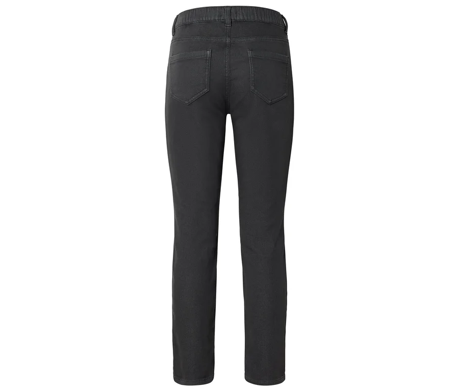 Rückansicht einer schwarzen Jeans mit geradem Bein, Gesäßtaschen und einem elastischen Bund.