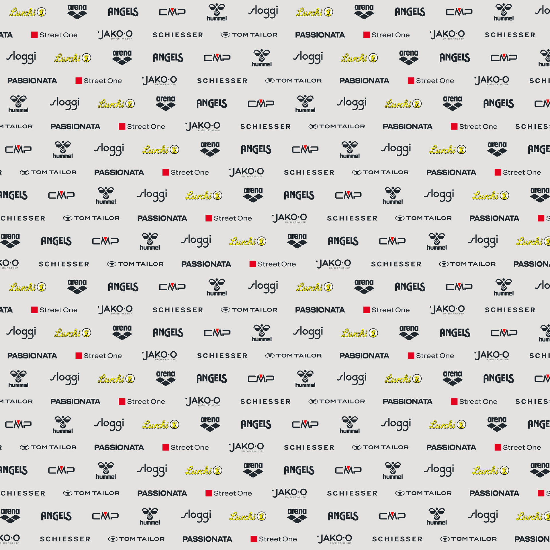 Ein sich wiederholendes Muster aus verschiedenen Markenlogos, darunter Arena, Angels, CMP, Hummel, Sloggi, Lurchi, Passionata, Street One, Jako-o, Schiesser und Tom Tailor.