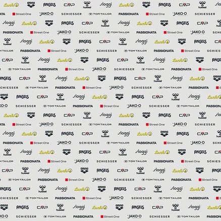 Ein sich wiederholendes Muster aus verschiedenen Markenlogos, darunter Arena, Angels, CMP, Hummel, Sloggi, Lurchi, Passionata, Street One, Jako-o, Schiesser und Tom Tailor.