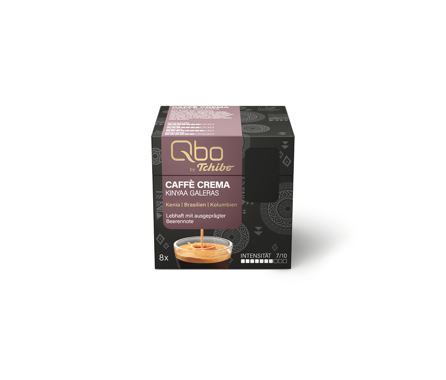 Schwarze Qbo by Tchibo Caffè Crema Kinyaa Galeras Kaffeekapselpackung mit violetter Banderole, 8 Kapseln, Intensität 7/10, aus Kenia, Brasilien, Kolumbien, mit Beerennoten.