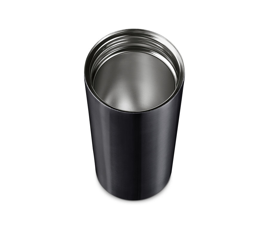 Draufsicht auf einen anthrazitfarbenen Coffee-to-go-Becher.