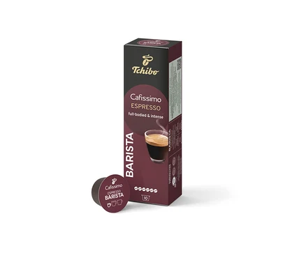 Eine Packung Cafissimo BARISTA Espresso - 10 Kapseln und eine einzelne Kapsel daneben.