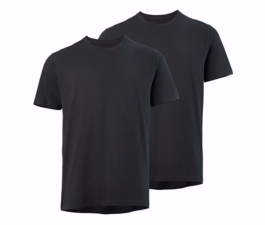 Zwei schwarze T-Shirts mit Rundhalsausschnitt.