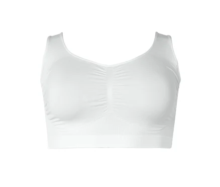 Weißes, trägerloses Bustier mit V-Ausschnitt und geraffter Mitte vor weißem Hintergrund.