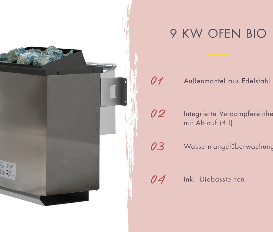 Edelstahl 9 kW Bio-Saunaofen mit hellblauen Steinen. Merkmale: 4L Verdampfer, Wassermangelüberwachung, Diabassteine.