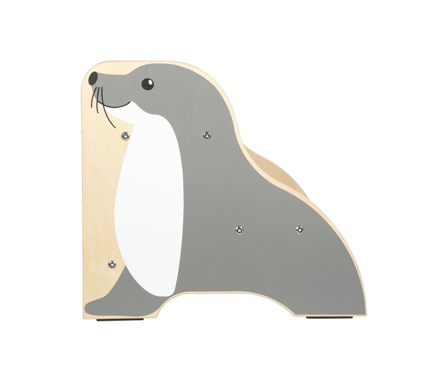 small foot Tritthocker Seehund »Wildlife« aus Holz, grau und weiß, mit aufgemaltem Seehundgesicht.