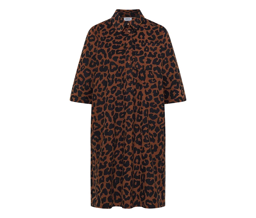 CECIL Cordkleid in Braun mit schwarzem Leopardenmuster, Kragen und 3/4-Ärmeln.
