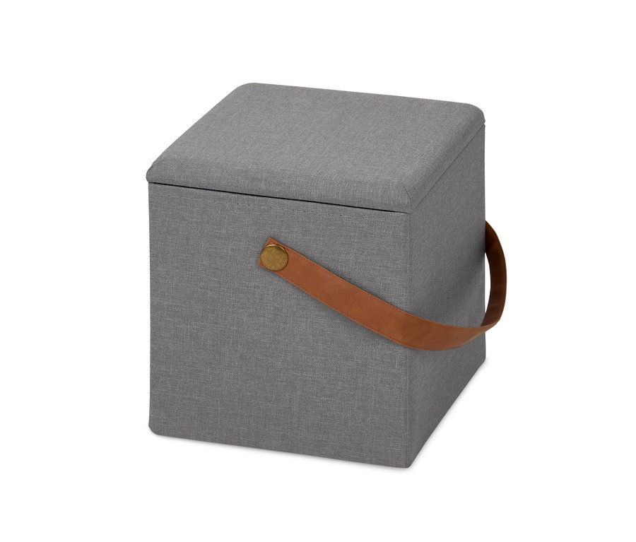 Graue Stauraumbox mit Ledergriff.