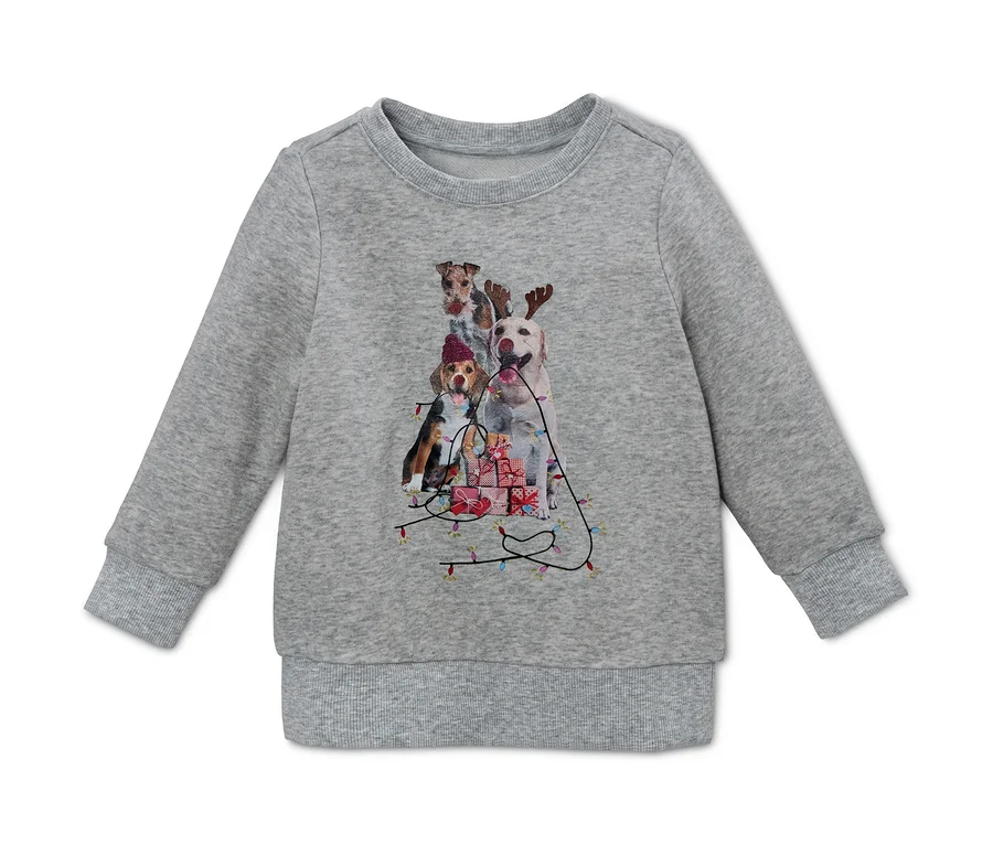 Graues Sweatshirt mit Hunde-Weihnachtsmotiv.