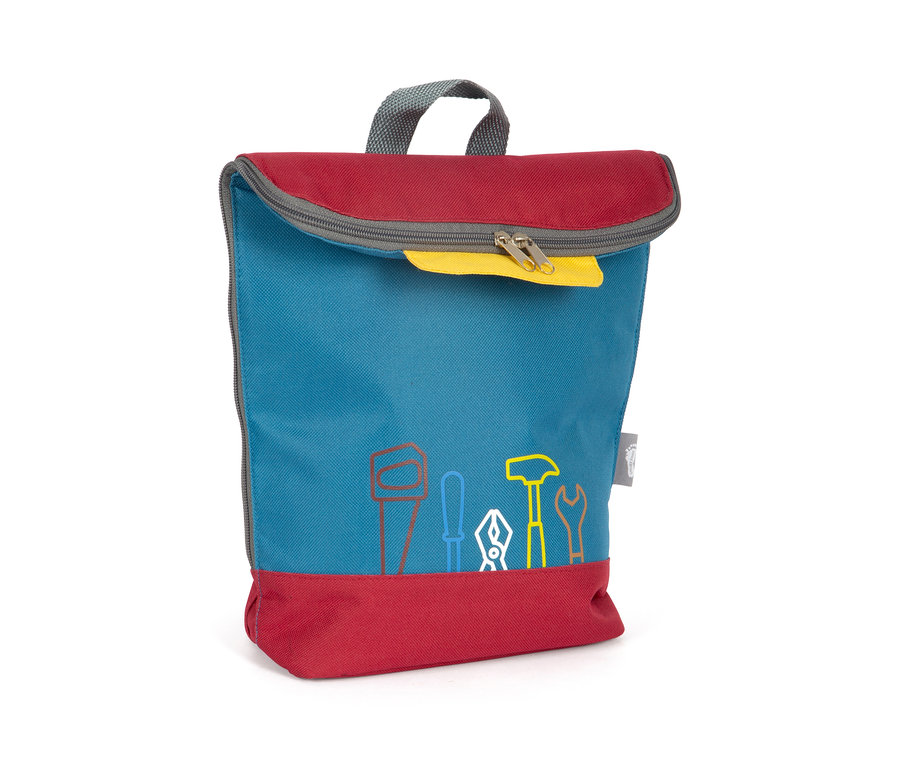 Ein blau-roter Werkzeugrucksack »Workshop« von small foot mit Werkzeug-Illustrationen.
