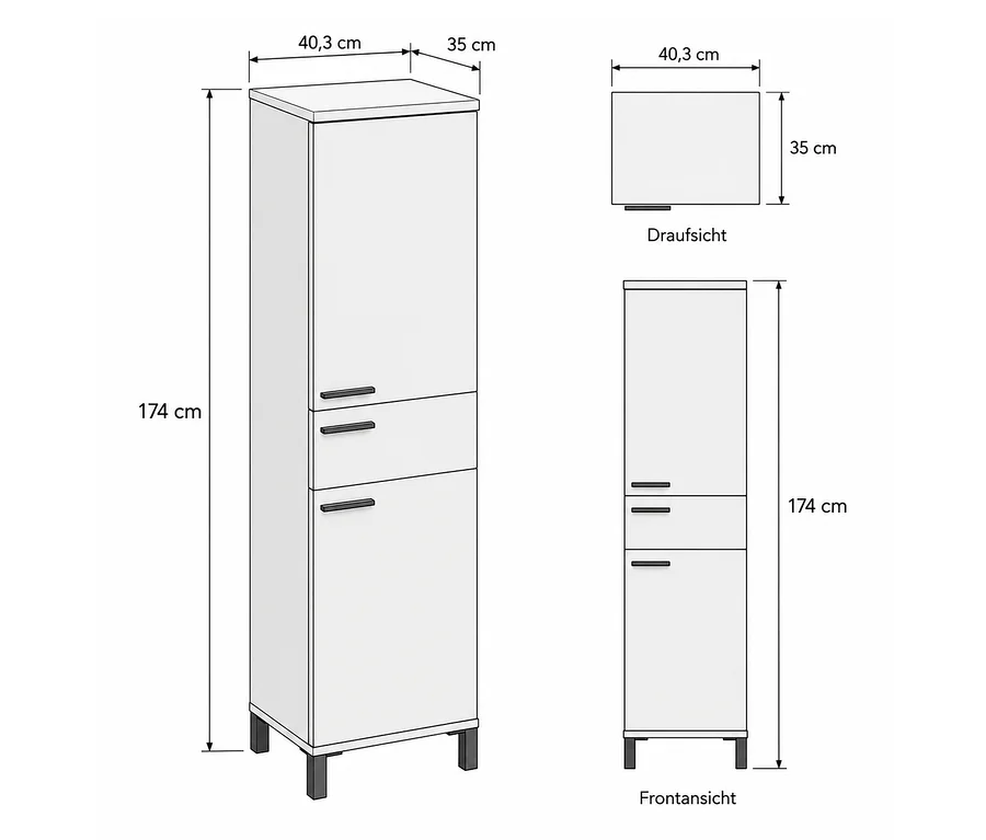 Weißer, großer Badschrank »Ston« mit drei Fächern und horizontalen Griffen, auf kurzen Beinen stehend. Maße: 174 cm hoch, 40,3 cm breit, 35 cm tief.