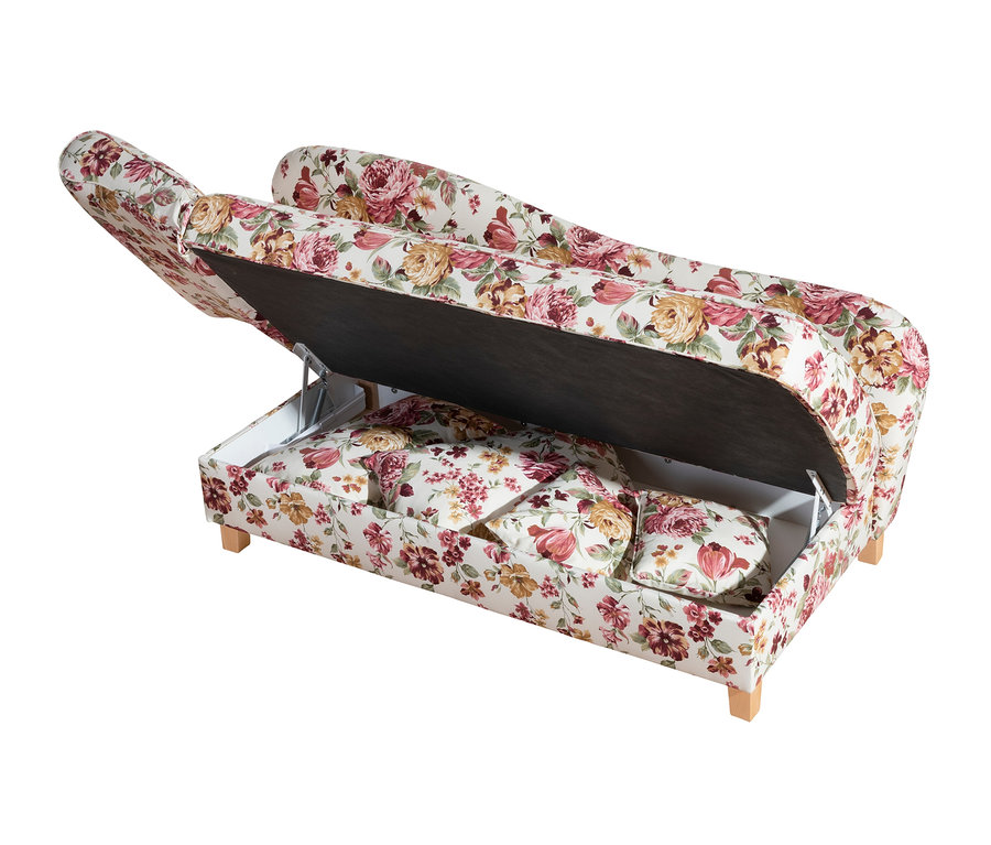 Die blumengemusterte Max-Winzer®-Recamiere »Saturn« mit Stauraum ist geöffnet und zeigt Kissen im Inneren.