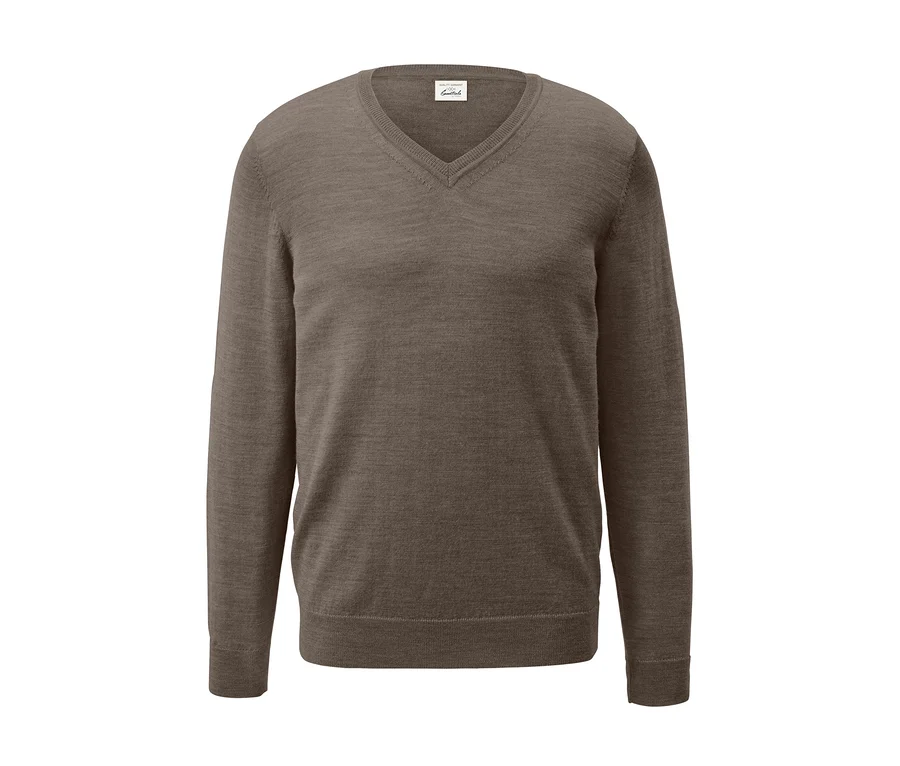 Ein brauner Merino-Pullover mit V-Ausschnitt.