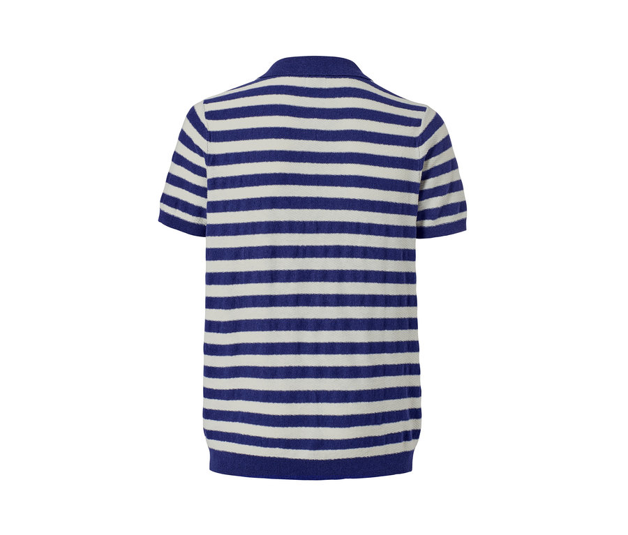 Rückansicht eines offwhite-navy gestreiften Leinen-Poloshirts.