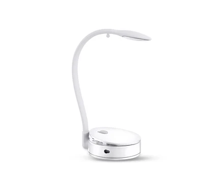 Eine weiße LED-Leseleuchte mit gebogenem Arm und rundem Sockel.
