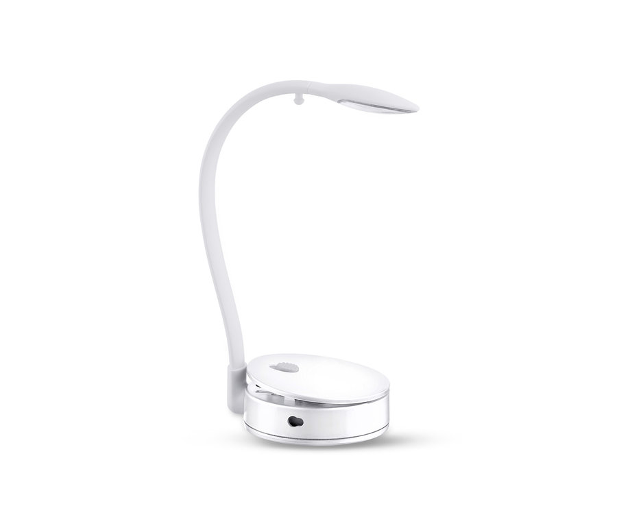 Eine weiße LED-Leseleuchte mit gebogenem Arm und rundem Sockel.