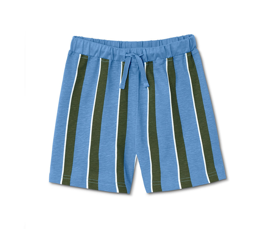 Blaue Shorty-Pyjama mit vertikalen grünen und weißen Streifen.