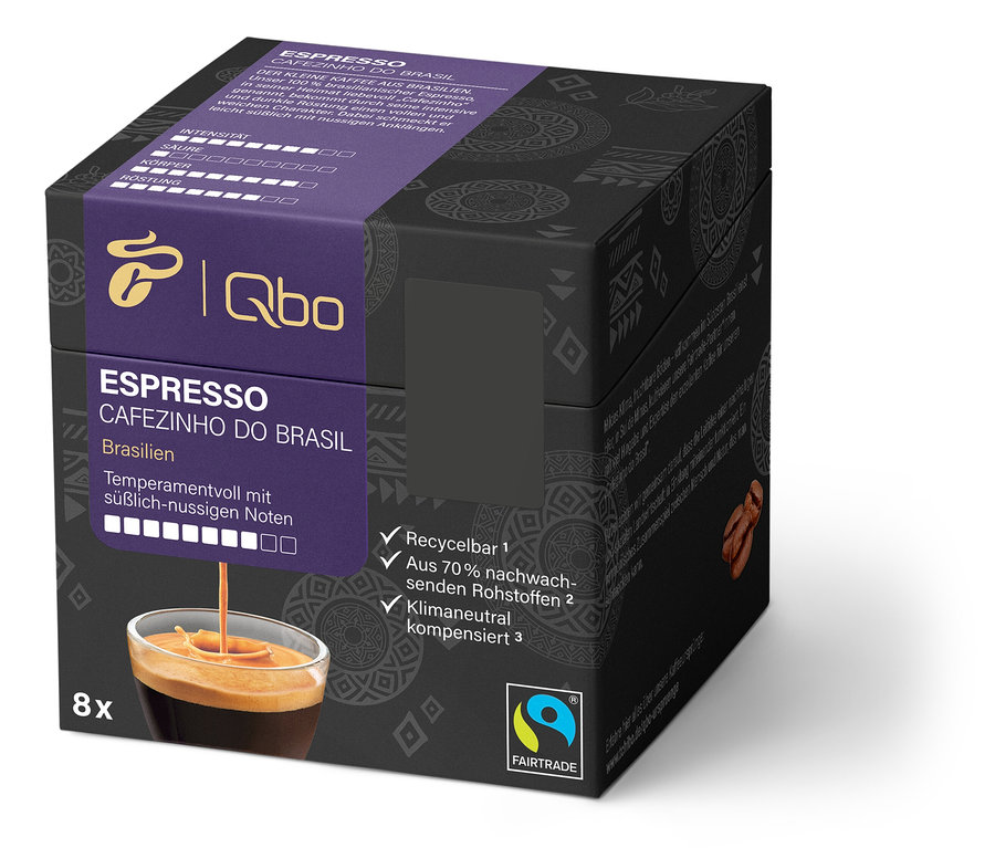 Eine Packung Qbo Espresso CAFEZINHO DO BRASIL mit 8 Kapseln. Die Verpackung ist schwarz-lila und zeigt eine Tasse Espresso.