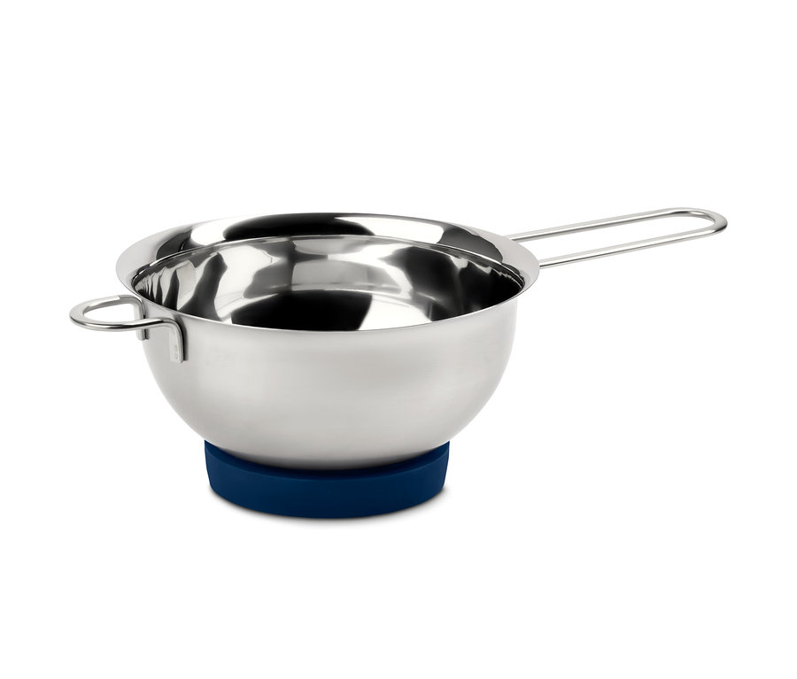 Eine Rühr-und-Schlagschüssel aus Edelstahl mit einem blauen Silikonfuß.