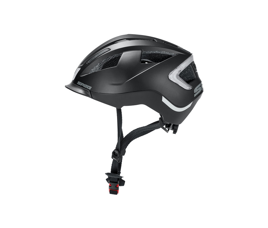 Schwarzer Fahrradhelm mit Blinkerfunktion.