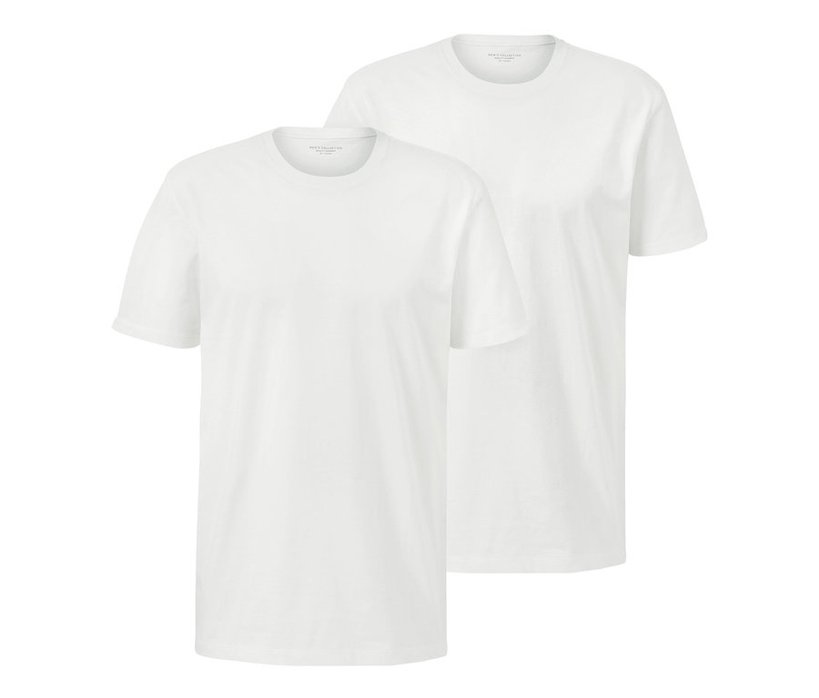 Zwei weiße T-Shirts mit Rundhalsausschnitt.